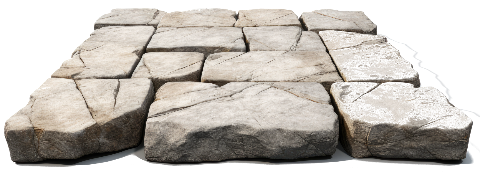 Un ensemble de pavés en pierre grise texturée, emboîtables et disposés en motif rectangulaire sur fond blanc.