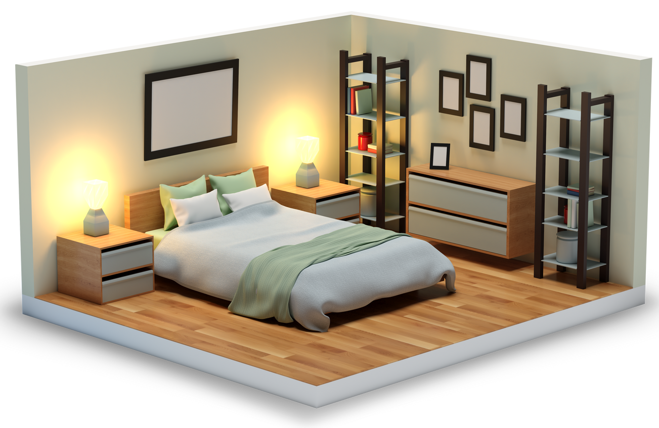 Une chambre moderne comprenant un lit, deux tables de chevet avec lampes, une commode et deux étagères sur parquet.