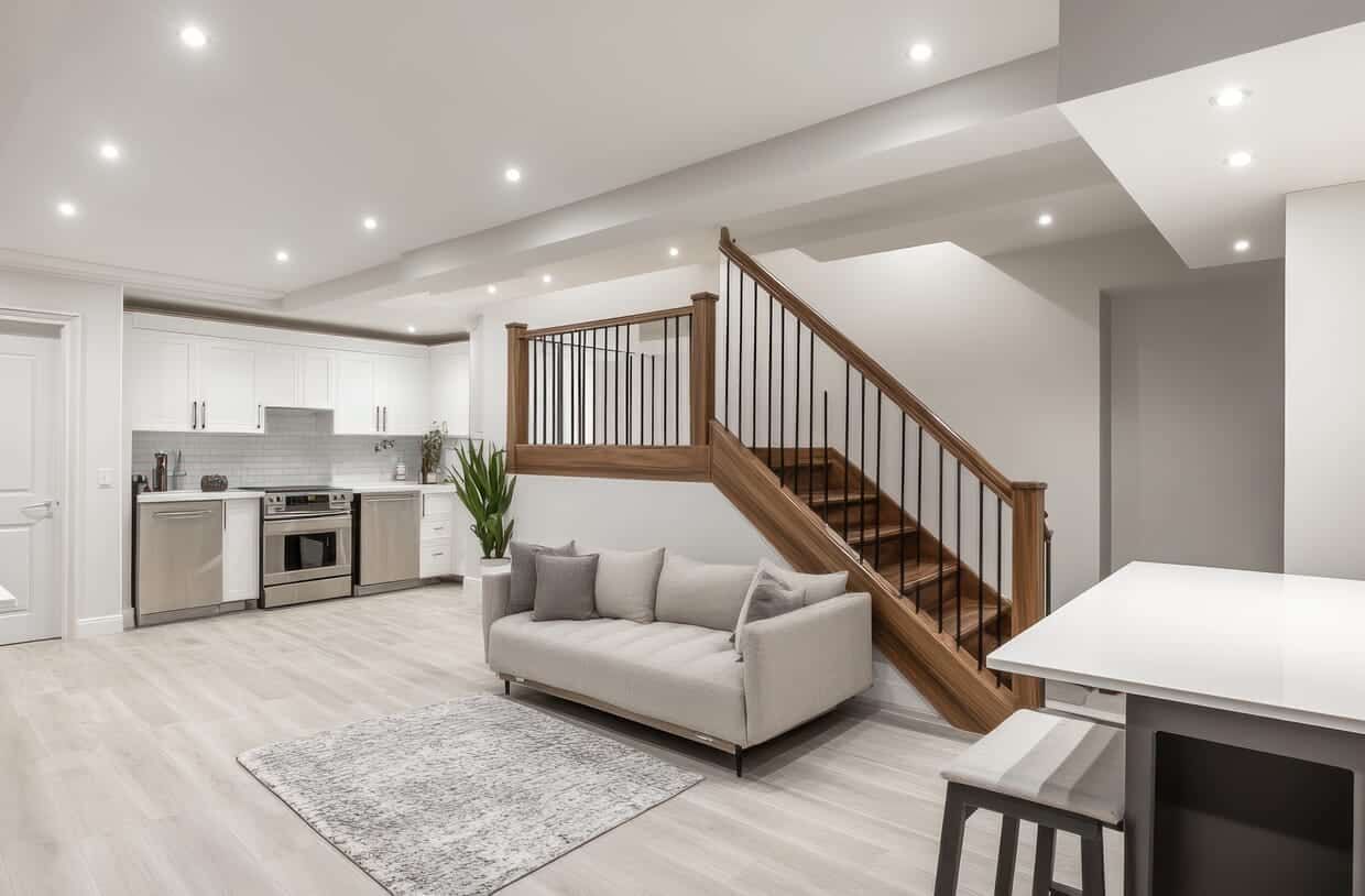 Un sous-sol moderne à aire ouverte comprend une cuisine blanche, un canapé beige sur un tapis à motifs et un escalier en bois.