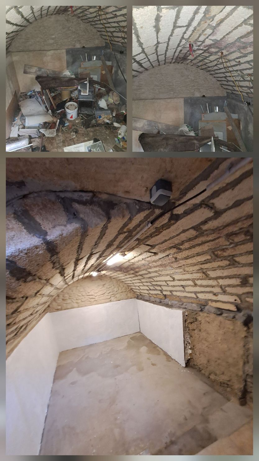 Un collage montre un sous-sol voûté en pierre avant et après avoir été débarrassé des débris et recouvert de murs blancs.