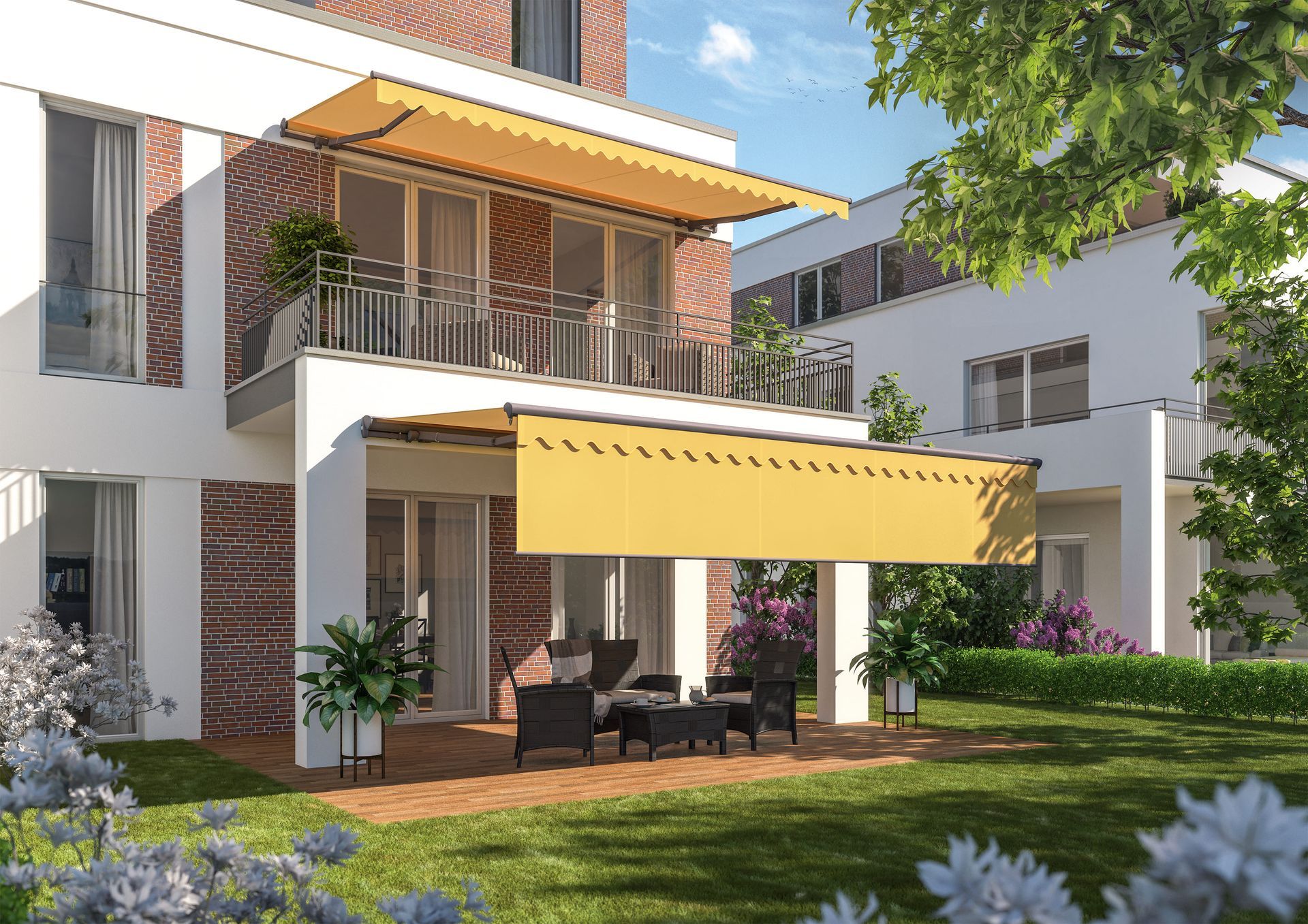 Markise mit Montage in Halstenbek: Gelenkarmmarkisen über Terrasse und Balkon an einem modernen Wohnhaus.