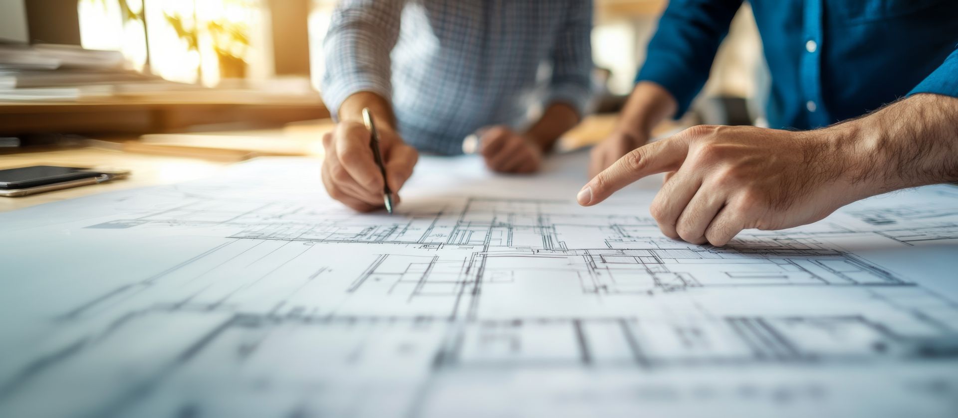 Eine Gruppe Bauarbeiter sitzt um einen Tisch und arbeitet an einem Projekt.