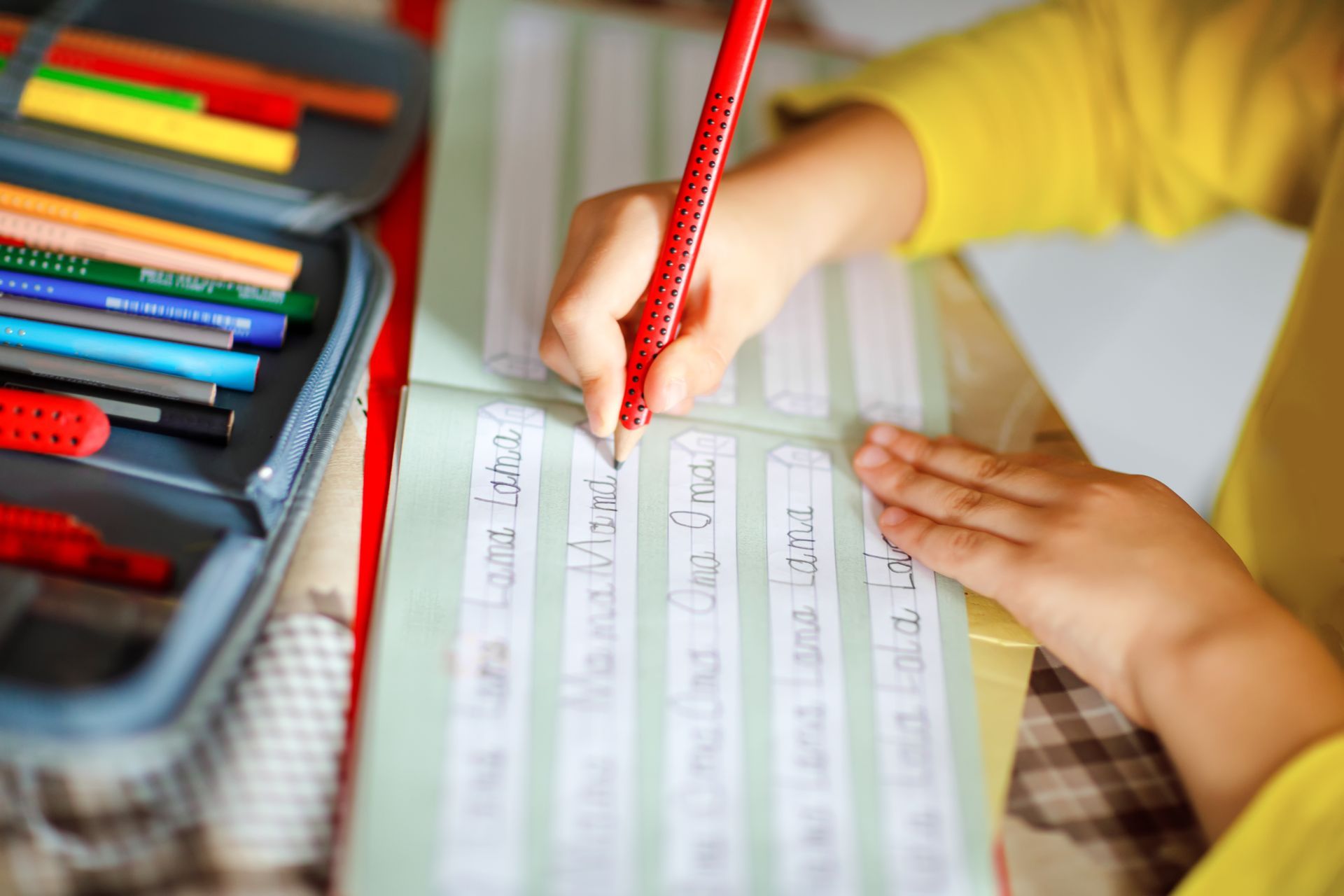 Ein Kind schreibt mit einem Rotstift in ein Notizbuch.
