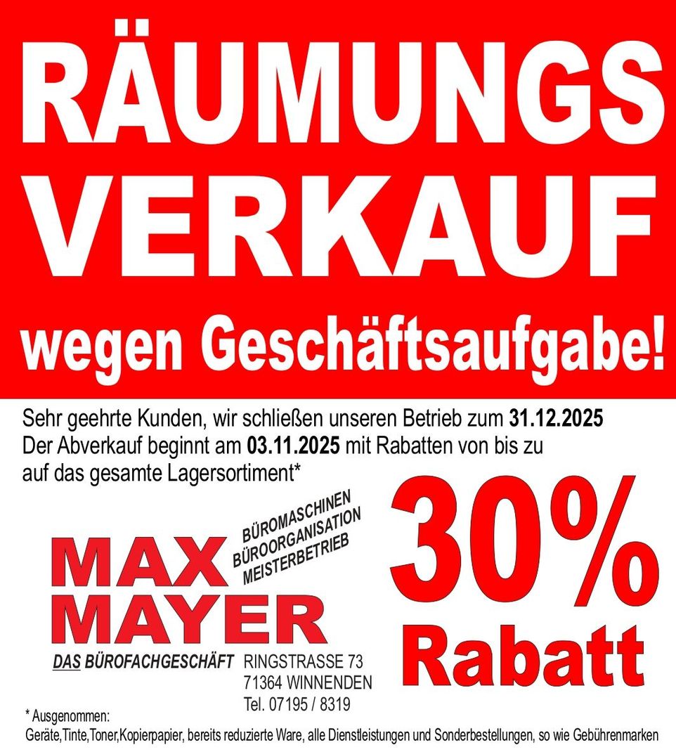 Rotes Schild: „Räumungsverkauf“ bei Max Mayer wegen Geschäftsaufgabe. 30 % Rabatt auf alle Artikel.