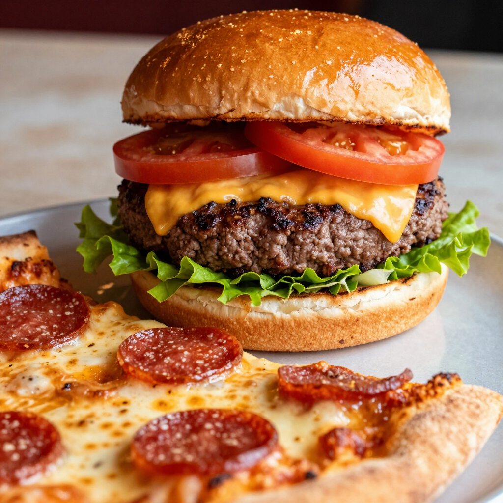 Hamburguesa con queso, tomate y lechuga junto a una porción de pizza de pepperoni en un plato