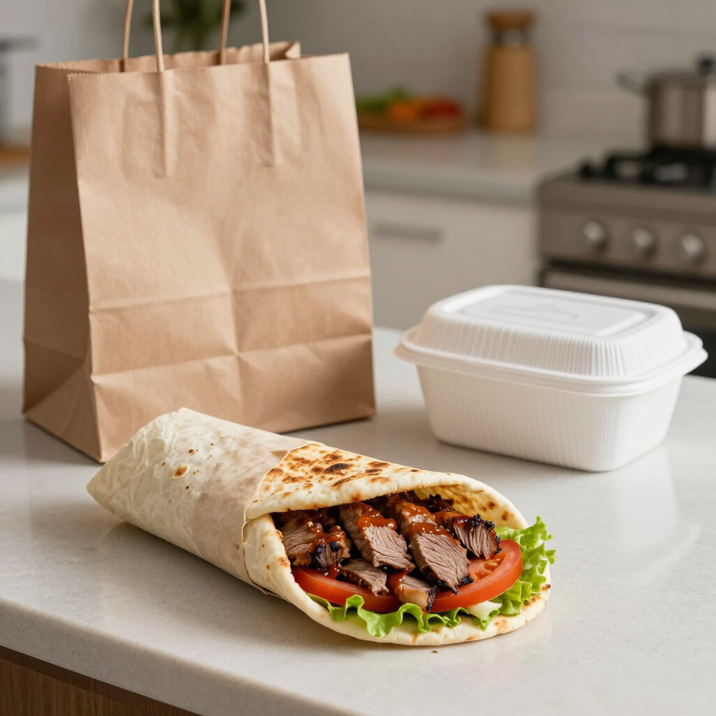 Burrito envuelto junto a una bolsa de comida para llevar y un recipiente blanco para comida sobre la encimera de la cocina