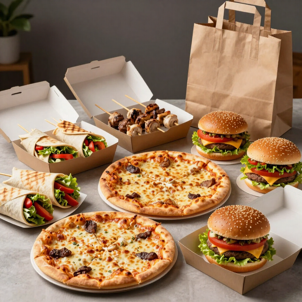 Comida rápida variada: pizzas, hamburguesas, tacos y papas fritas en cajas para llevar y una bolsa de papel