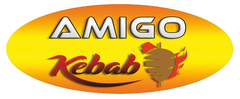 Logotipo de AMIGO Kebab en un óvalo amarillo, con texto rojo y un dibujo de un kebab