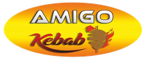 Logotipo de AMIGO Kebab en un óvalo amarillo, con texto rojo y un dibujo de un kebab