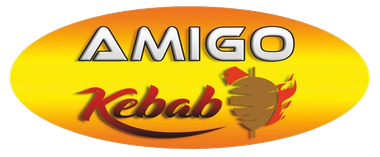 Logotipo de AMIGO Kebab en un óvalo amarillo, con texto rojo y un dibujo de un kebab