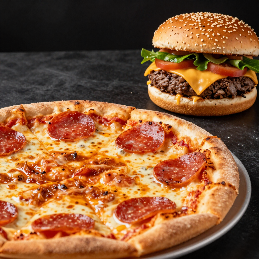 Hamburguesa con queso, tomate y lechuga junto a una porción de pizza de pepperoni sobre una mesa