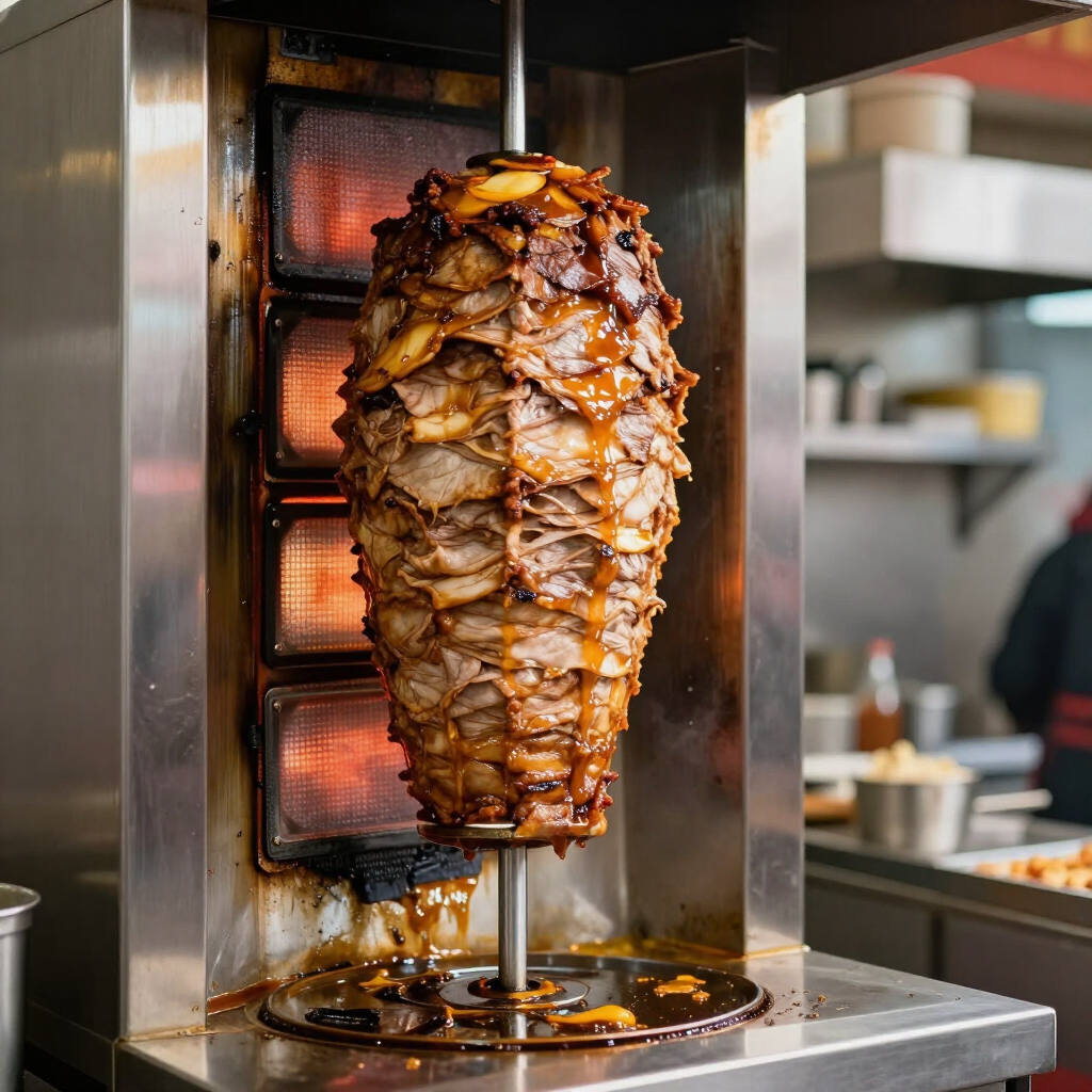 Espeto vertical de carne asada en capas, cocinándose en un asador de restaurante y brillando por el calor
