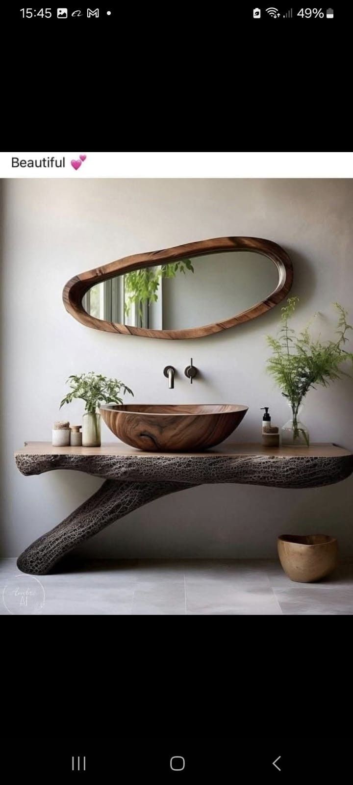 Un tocador rústico de madera con superficie de borde natural, lavabo de cuenco y espejo ovalado a juego contra una pared lisa.