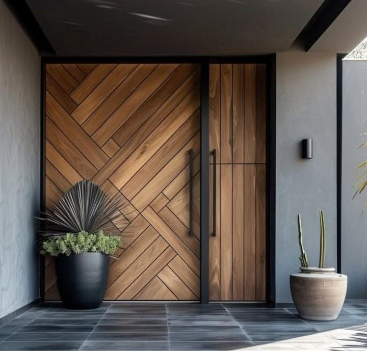 Entrada moderna con una gran puerta de madera con motivos geométricos, junto a una puerta de paneles de madera verticales y plantas en macetas.