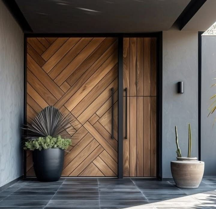 Una entrada moderna con una puerta geométrica de paneles de madera, marco de metal negro, plantas en macetas y suelo de baldosas de piedra oscura.