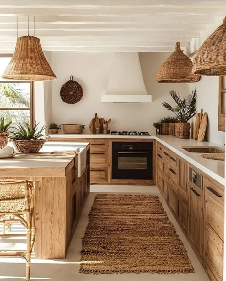 Cocina rústica moderna con armarios de madera, encimeras blancas, lámparas colgantes de mimbre y una alfombra de yute en el suelo.