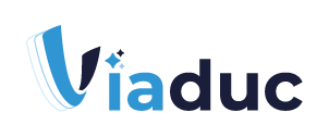 Logo Viaduc en bleu et gris foncé avec icône incurvée stylisée