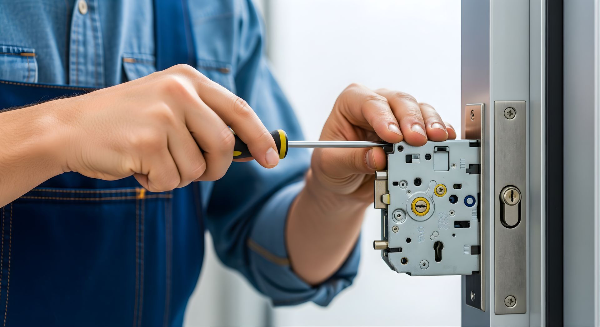 Une personne utilise un tournevis pour installer un mécanisme de fermeture métallique sur une porte