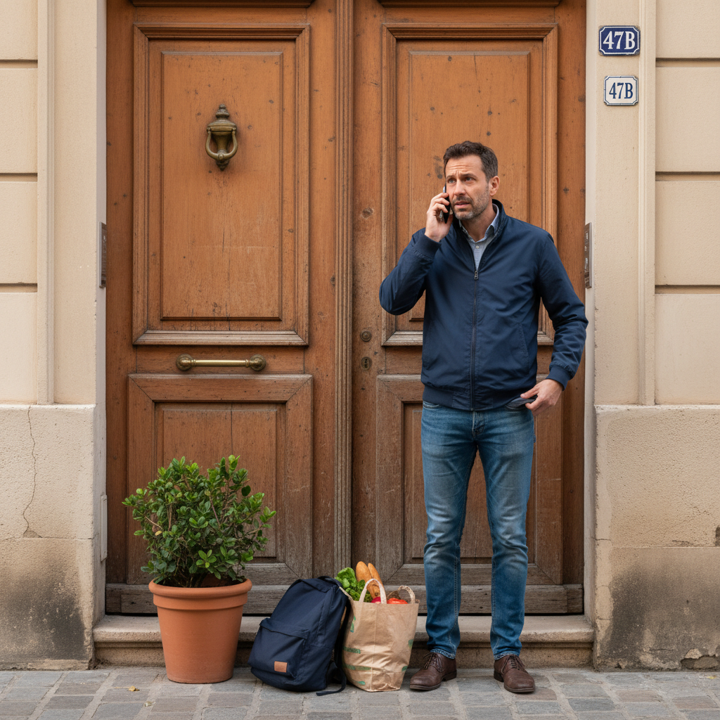 Un homme se tient devant une porte en bois, parlant au téléphone, avec des courses et un sac à ses pieds.