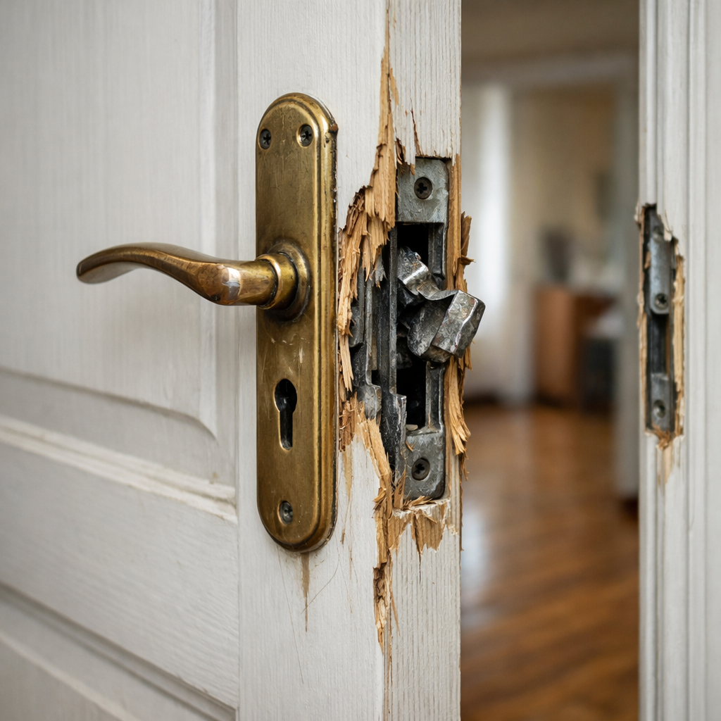 Gros plan sur une serrure de porte endommagée par une tentative d'effraction