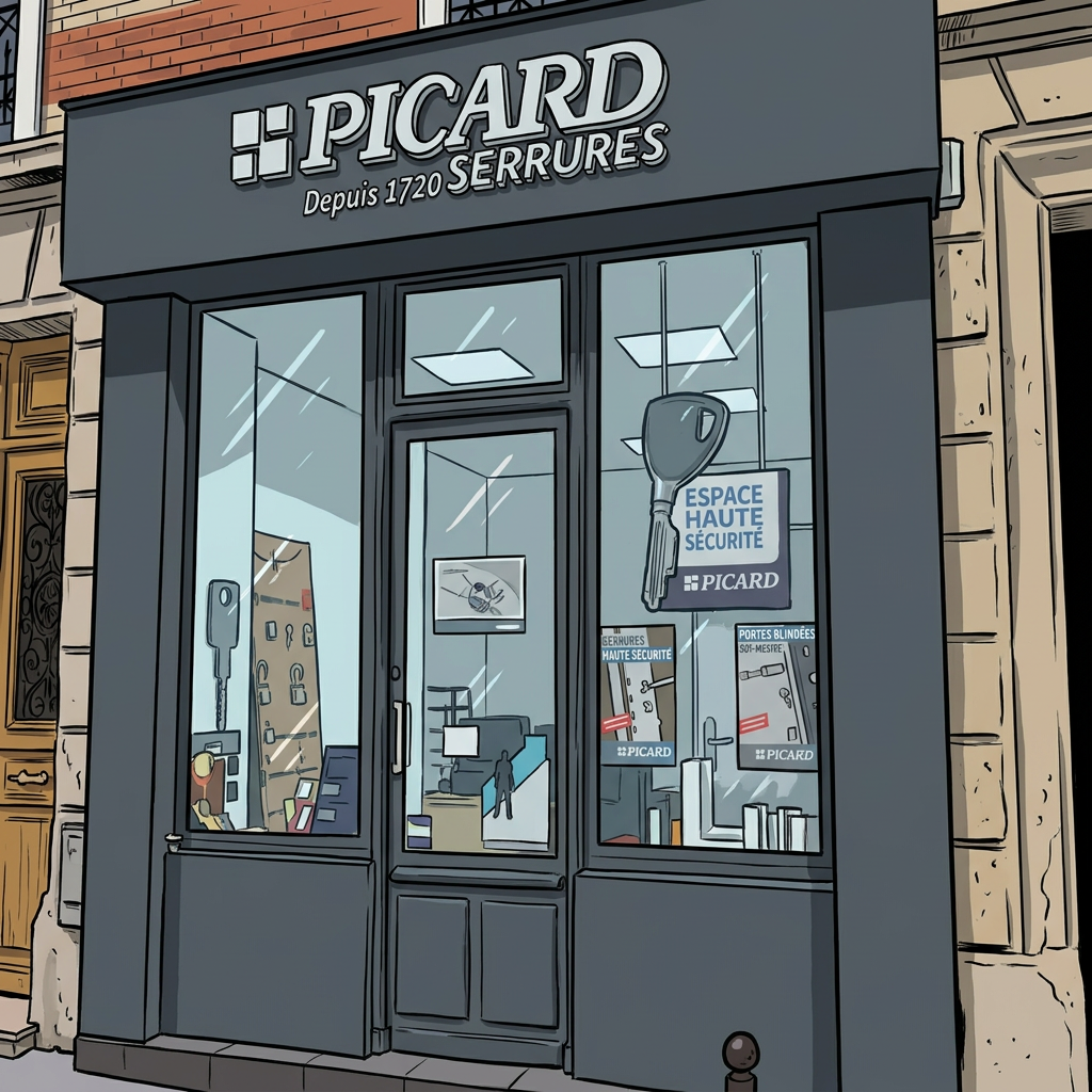 Illustration de la façade du magasin Picard Serrures, avec façade gris foncé et porte vitrée, vue depuis la rue.