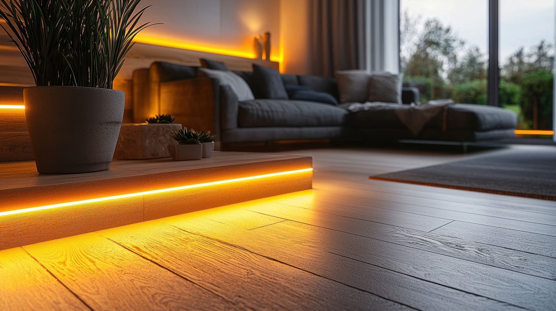 Salon moderne au crépuscule avec éclairage LED chaud sur les marches.