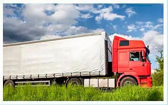 Un camión azul y blanco está estacionado al costado de la carretera.