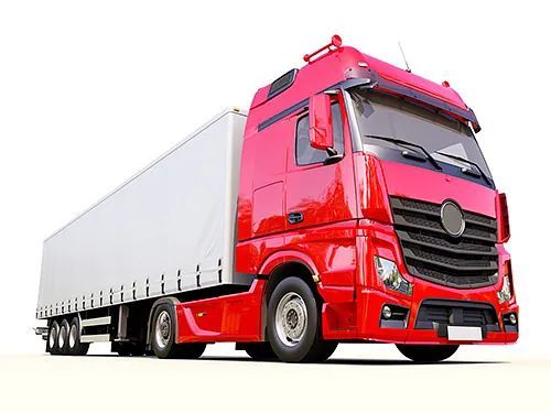 Un camión semirremolque rojo con un remolque blanco sobre un fondo blanco.