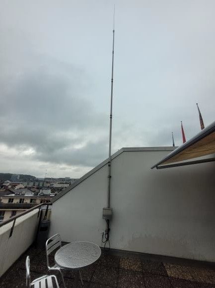 Schlammige Traktorspuren ziehen sich an einem bewölkten Tag über ein schneebedecktes Feld in Richtung Baumgrenze.
