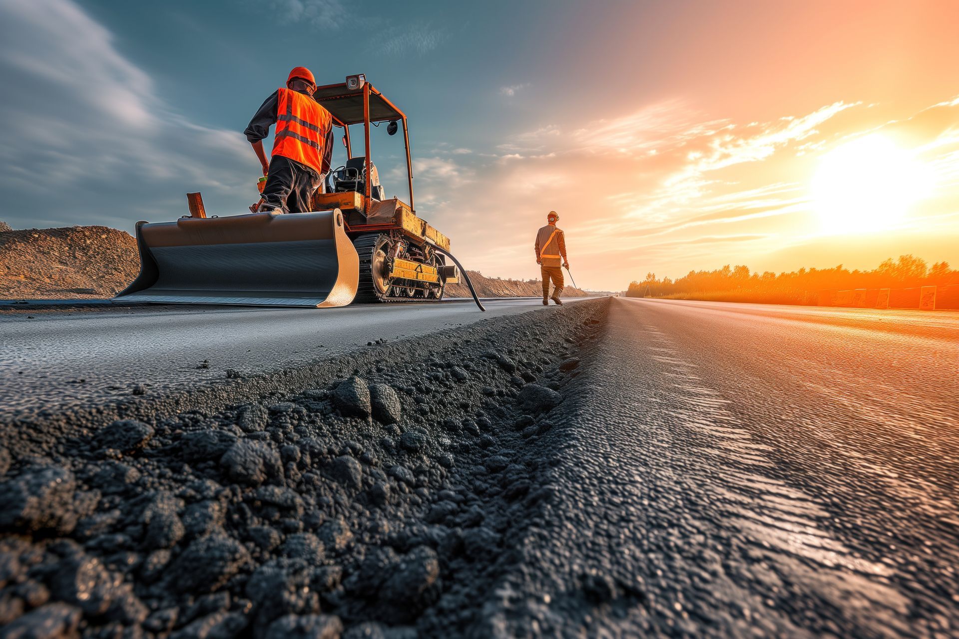 Ein Bulldozer asphaltiert eine im Bau befindliche Straße