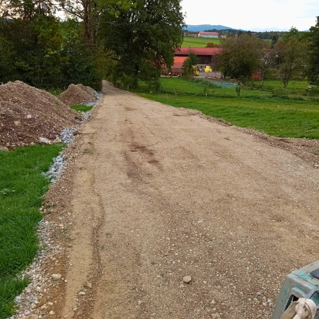 Ein Feldweg führt durch eine Wiese, im Hintergrund ist ein Haus zu sehen