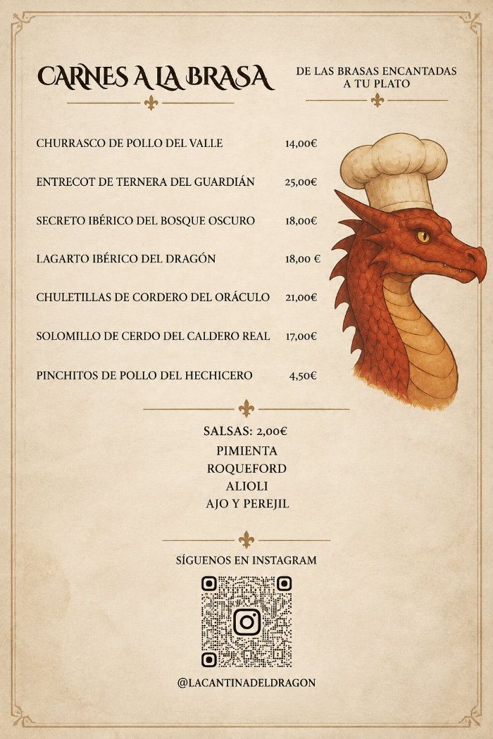 Menú en tono sepia con ilustración de un dragón, texto decorativo y un código QR en la parte inferior.