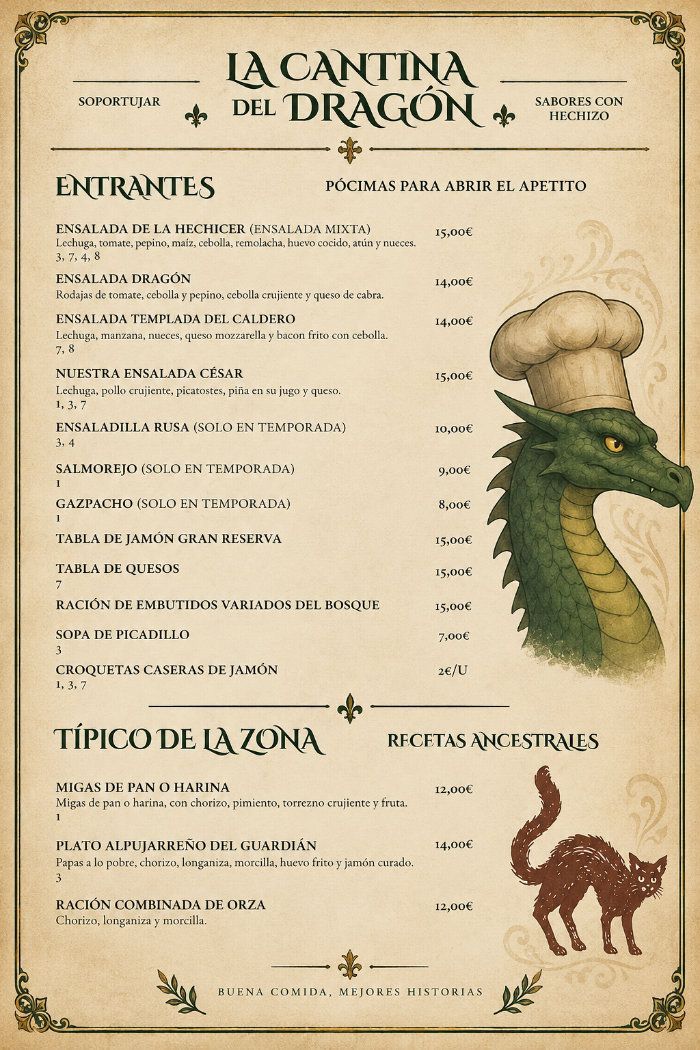 Página del menú de “La Cantina del Dragón” con un chef dragón verde ilustrado y un pequeño dragón rojo en la parte inferior derecha.
