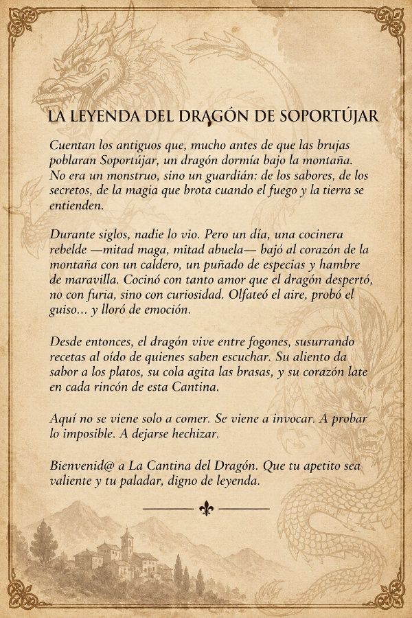 Pergamino con texto titulado “La leyenda del dragón de Sortuajar”, en tonos sepia y borde decorativo.