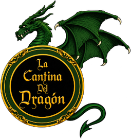 Logotipo de un dragón verde detrás de un letrero negro y dorado que dice “La Cantina del Dragón”