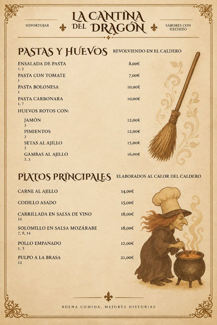 Menú de restaurante vintage en tonos sepia con temática mágica, que muestra pasta, platos principales y una ilustración de una escoba.