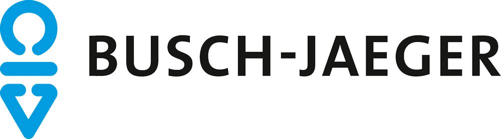 Busch-Jaeger-Logo mit blauem Symbol und schwarzem Text auf weißem Hintergrund