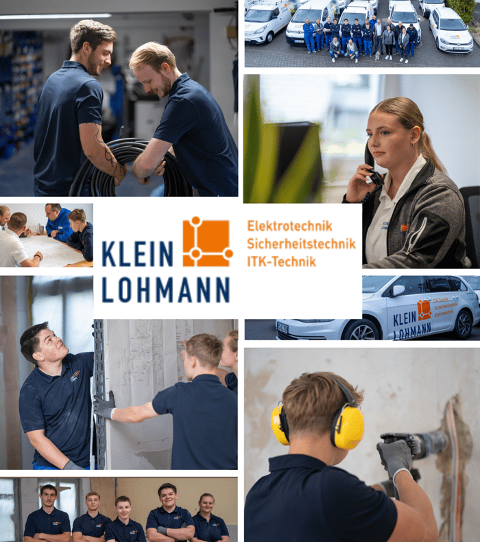 Collage von Klein Lohmann,
die Techniker bei der Arbeit, Fahrzeuge und das Firmenbranding zeigt.