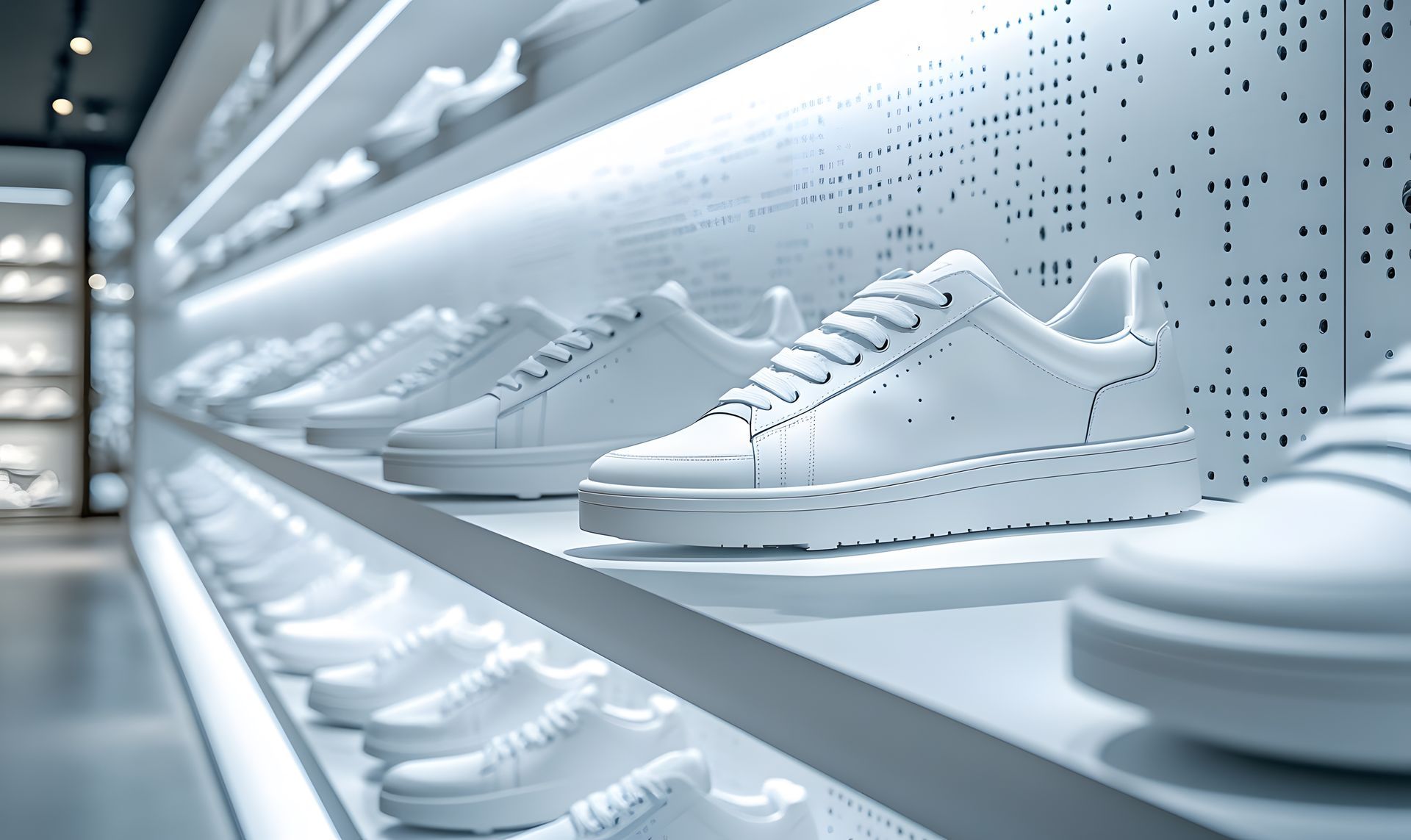 Crémaillères et consoles pour présenter des chaussures.