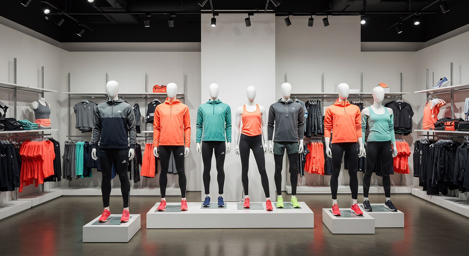Mannequins, étagères et penderies de vêtements sportwear.
