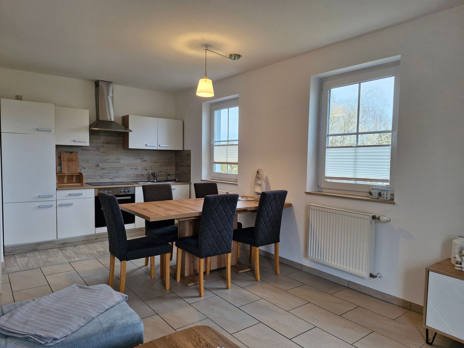 Ansicht Wohnzimmer mit Esstisch und integrierter Küche