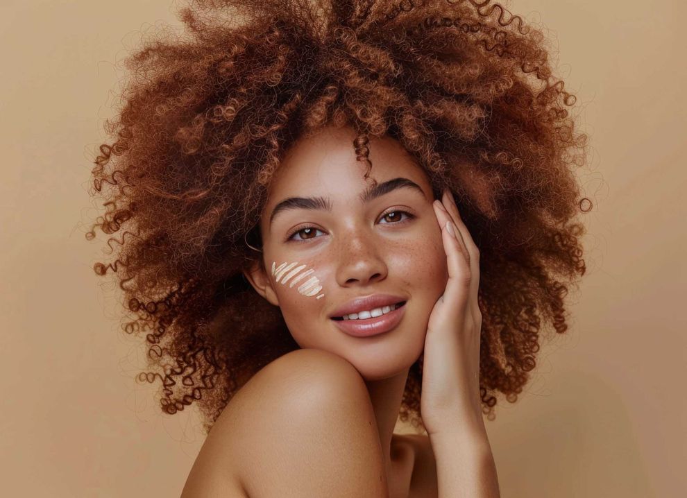 Una mujer con cabello rizado sonríe y se toca la cara.