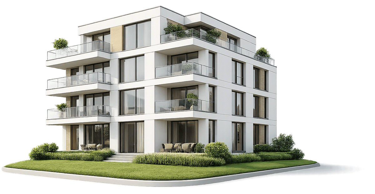 Modernes weißes Apartmentgebäude mit Balkonen und Grünanlagen.