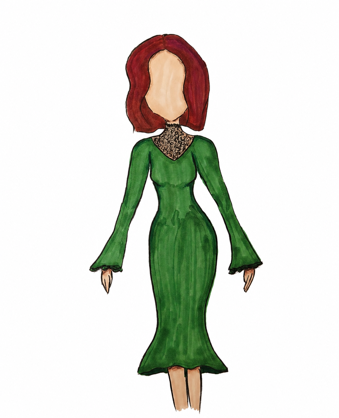 Illustration d'une femme sans visage vêtue d'une robe et aux cheveux.