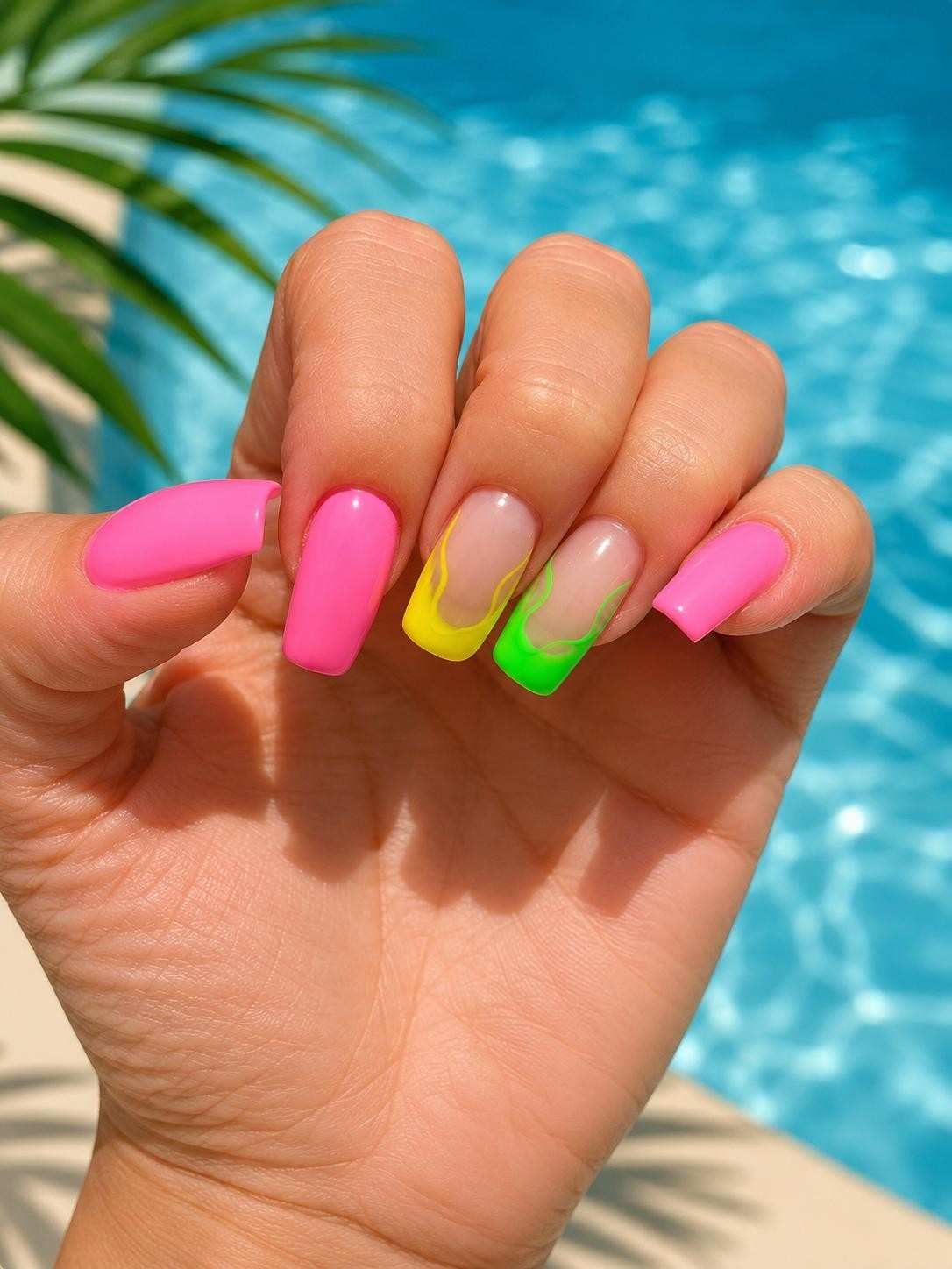 Mano con uñas de color rosa neón, amarillo y verde degradadas, sostenida sobre una piscina.