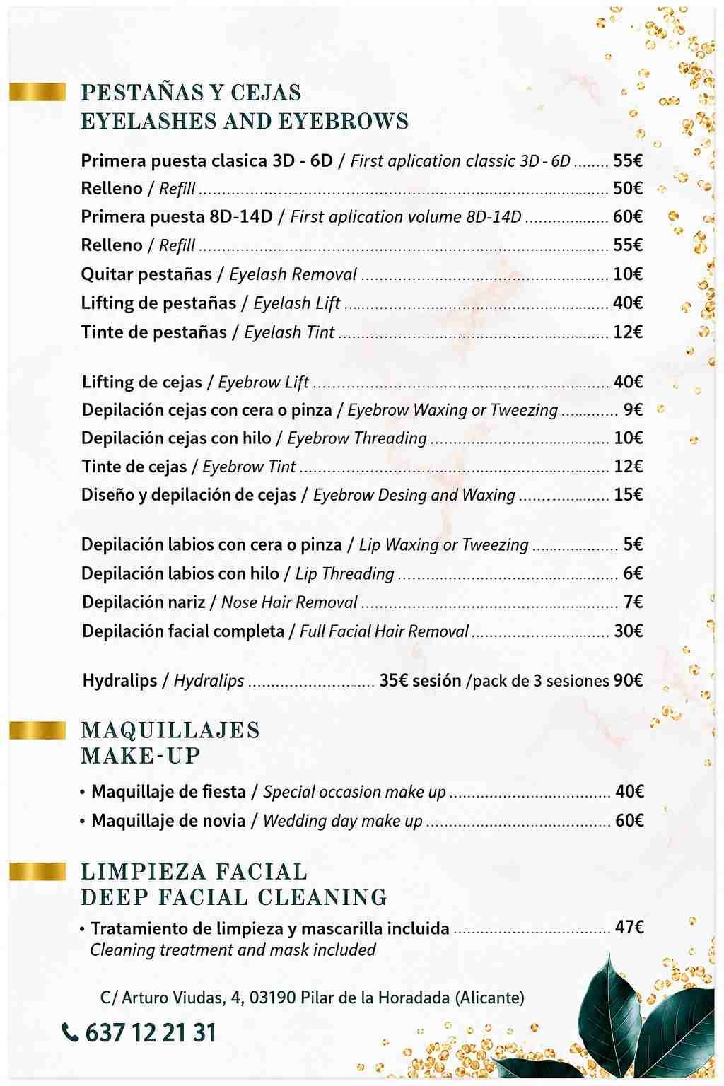 Lista de precios de salón de belleza sobre fondo floral blanco y dorado, con servicios y precios en francés.