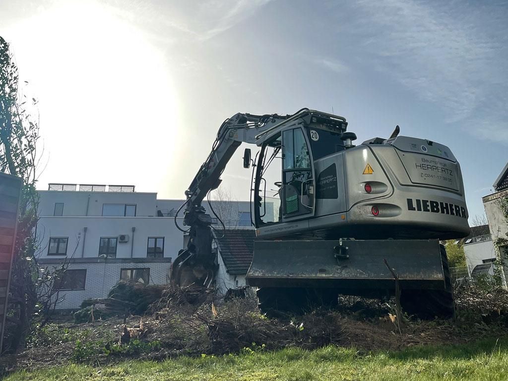 Ein großer Bagger steht im Gras vor einem Gebäude.