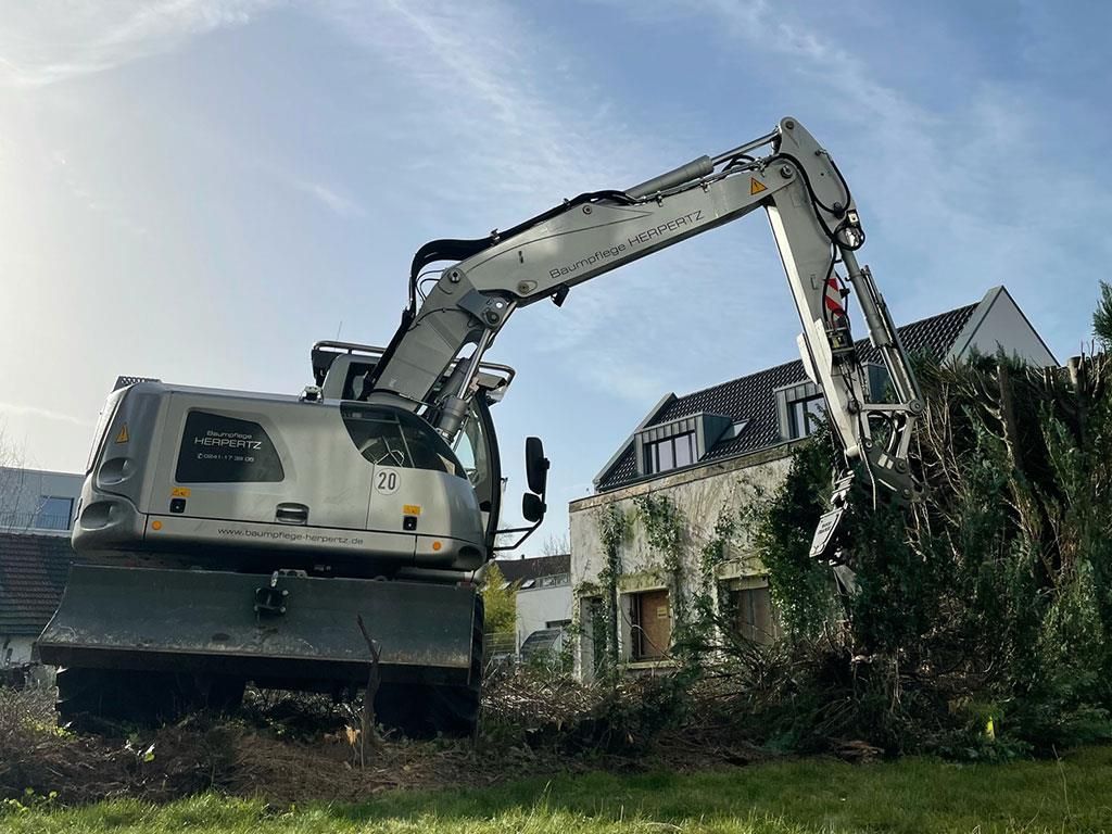 Ein großer Bagger fällt Bäume vor einem Haus.
