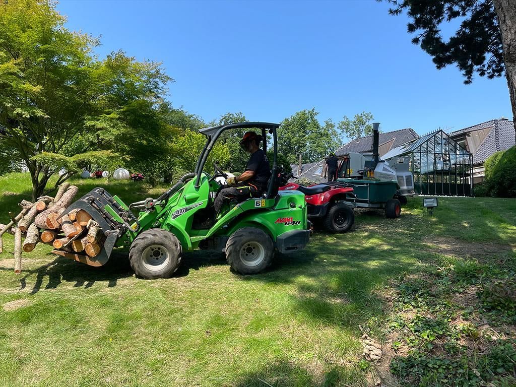 Ein Mann fährt einen grünen Traktor und zieht einen Anhänger voller Baumstämme.