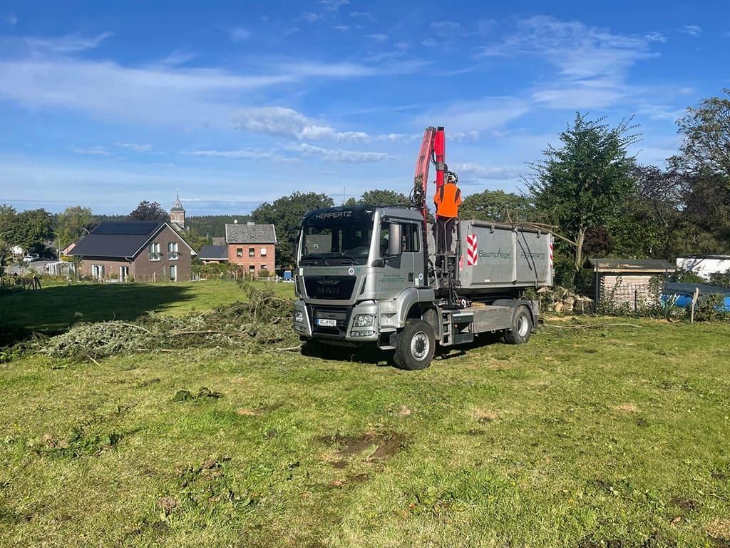 Ein LKW mit einem Kran steht auf einer Wiese.
